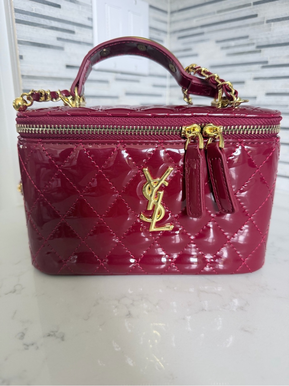 Fashion Pink Quilted Patent Vanity Bag with Adjustable strap